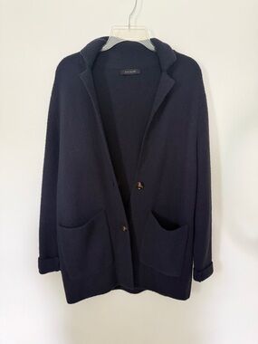 Ann Taylor Navy Sweater Blazer Size L Notched Lapel Knit Jacket Pockets
